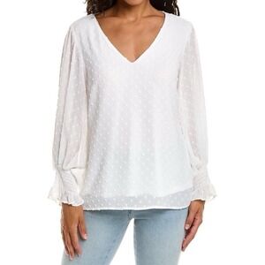 Vince Camuto Womens White Clip Dot V Neck Long‎ Sleeve Smocked Cuff Blouse M